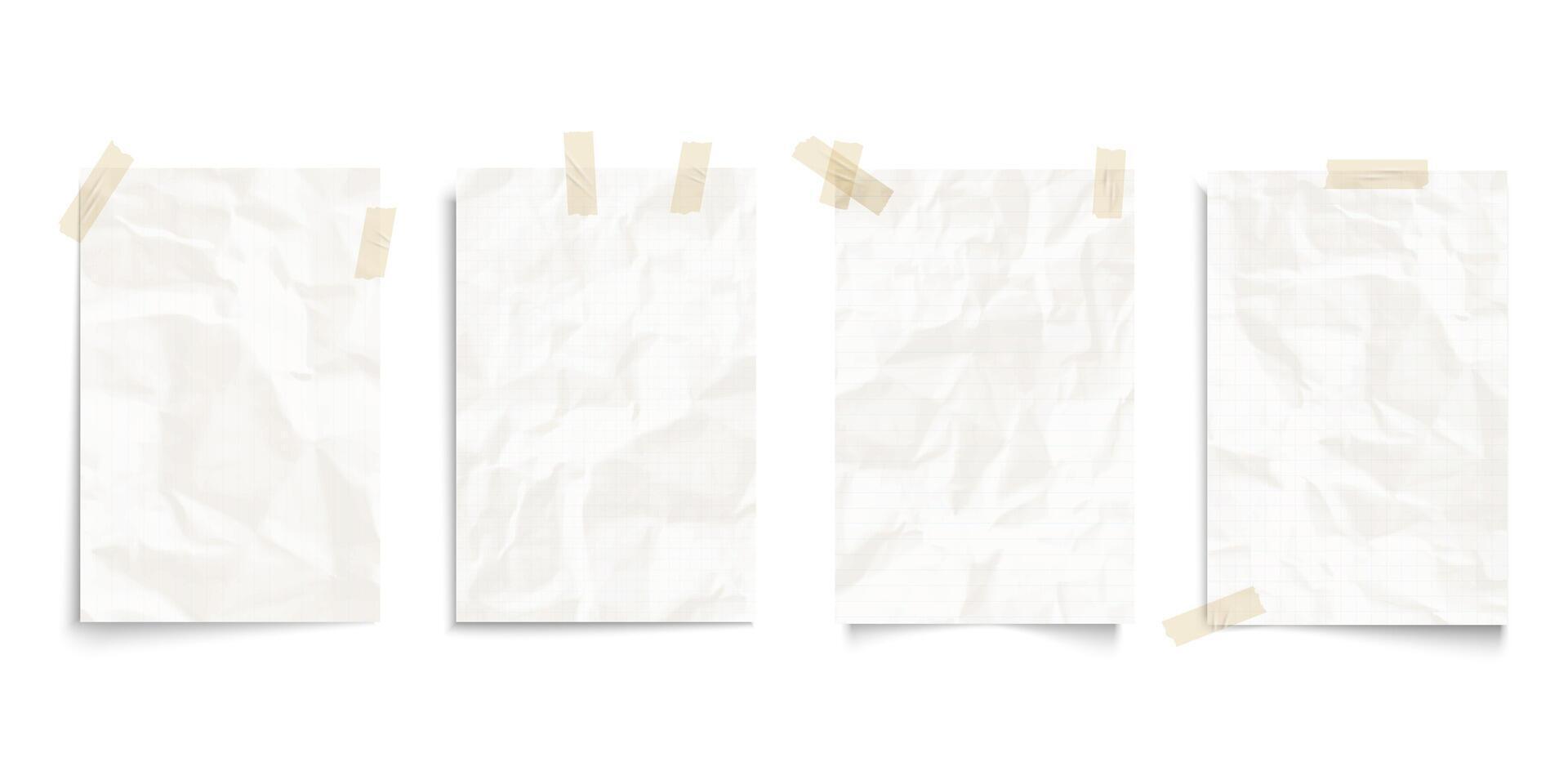 Realistic crumpled pieces of paper notebook pages in a line and in a cage with adhesive tapes vector