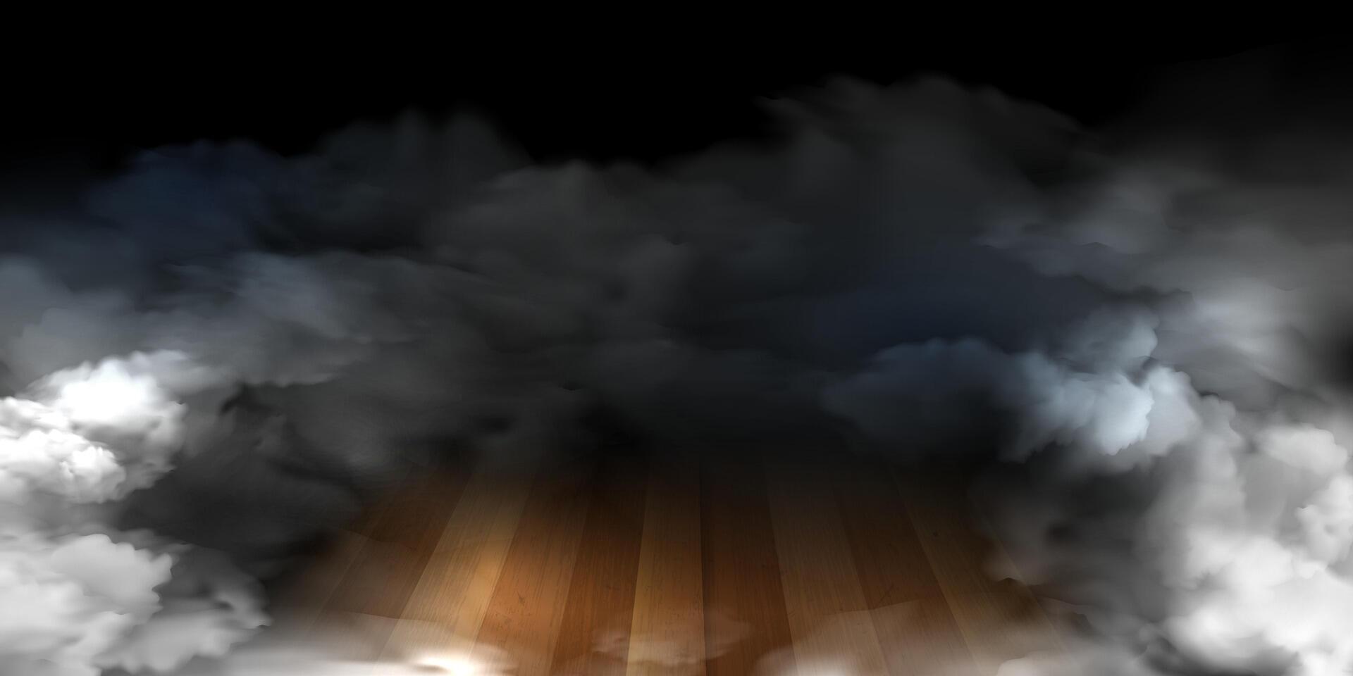 Toxic smoke over wooden floor in dark room vector