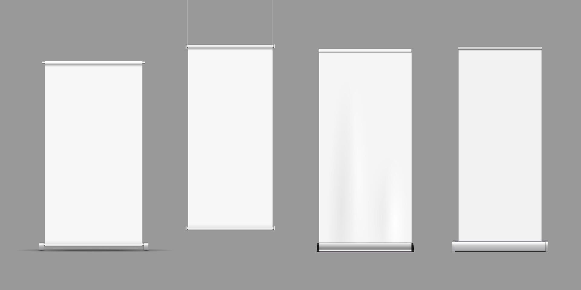 roll up banners stand mockups isolated on grey background vector