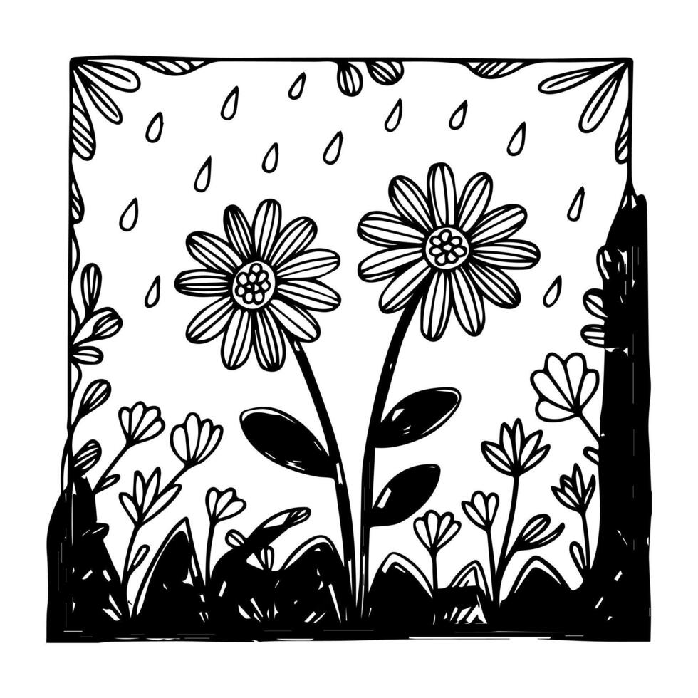 A black and white drawing of flowers in the rain vector