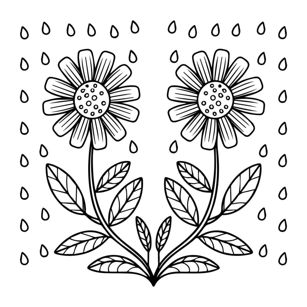 A coloring page with two flowers and rain drops vector