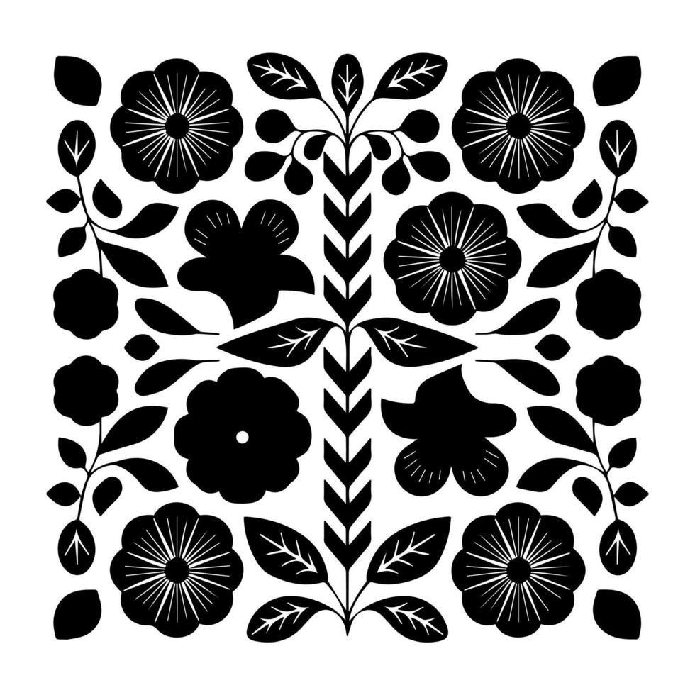 A black and white floral design with leaves and flowers vector