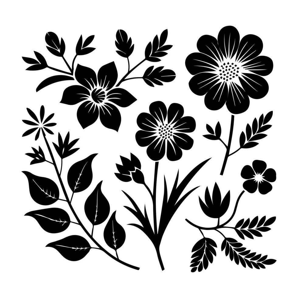Black and white flowers and leaves on a white background vector