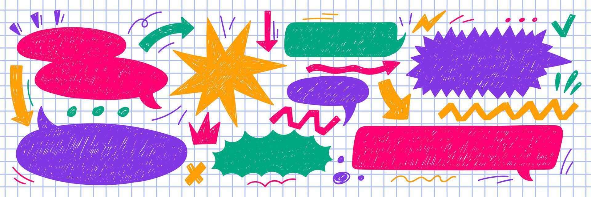Set of text boxes, speech bubbles, arrow and star with crayon or chalk texture. Retro illustration on the notebook pages. vector