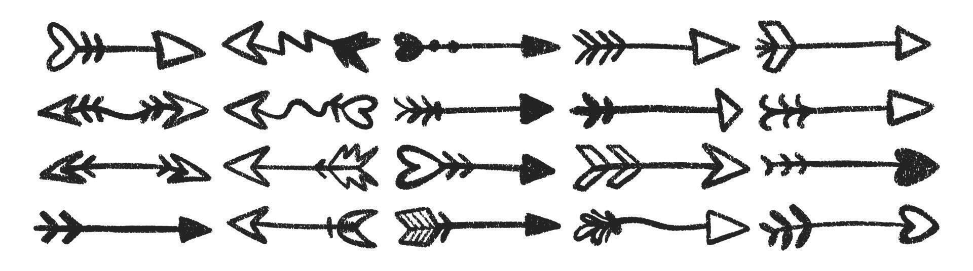 Set of doodle arrows with decoration with crayon, pastel or chalk texture. Cute hand drawn elements. Black illustration on a white background. vector