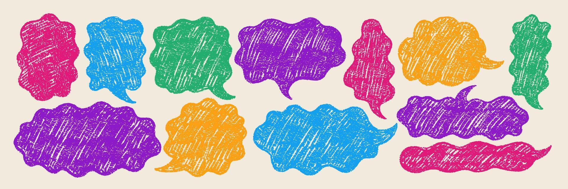 Comic speech bubbles drawn with organic texture. Text boxes with chalk and crayon texture for a chat or dialog. Color illustration in retro style. vector