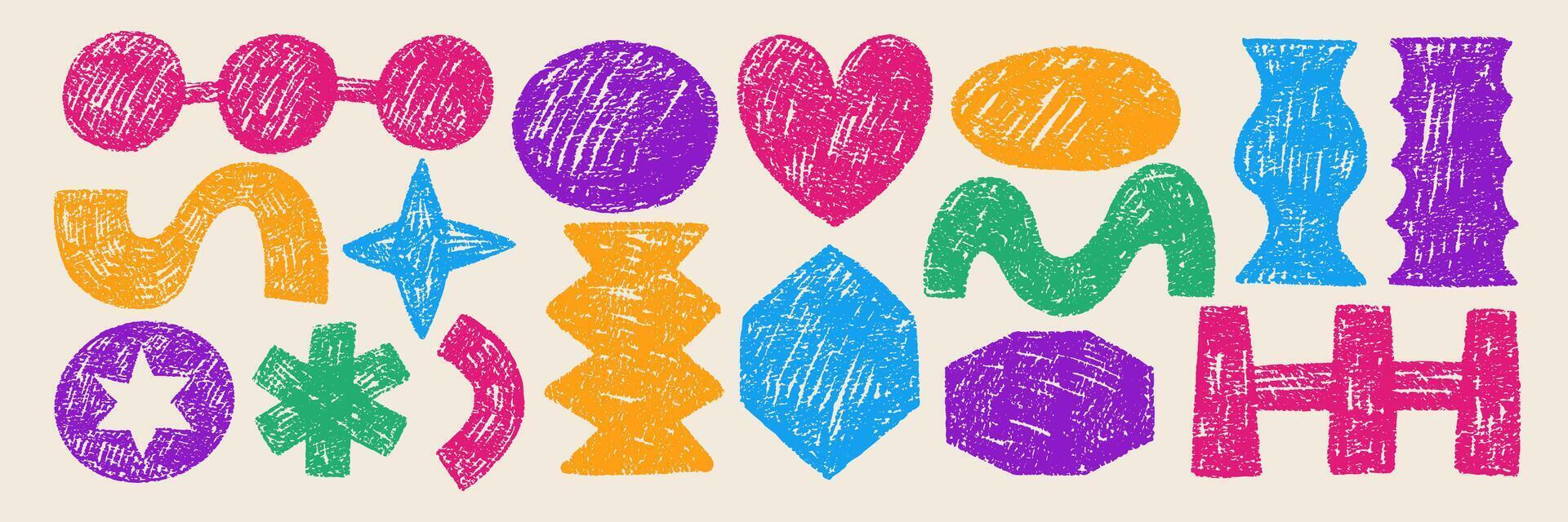 Set of geometric shapes with circle, heart, rhomb, oval and star with crayon, pastel or chalk texture. Rough color illustration. vector