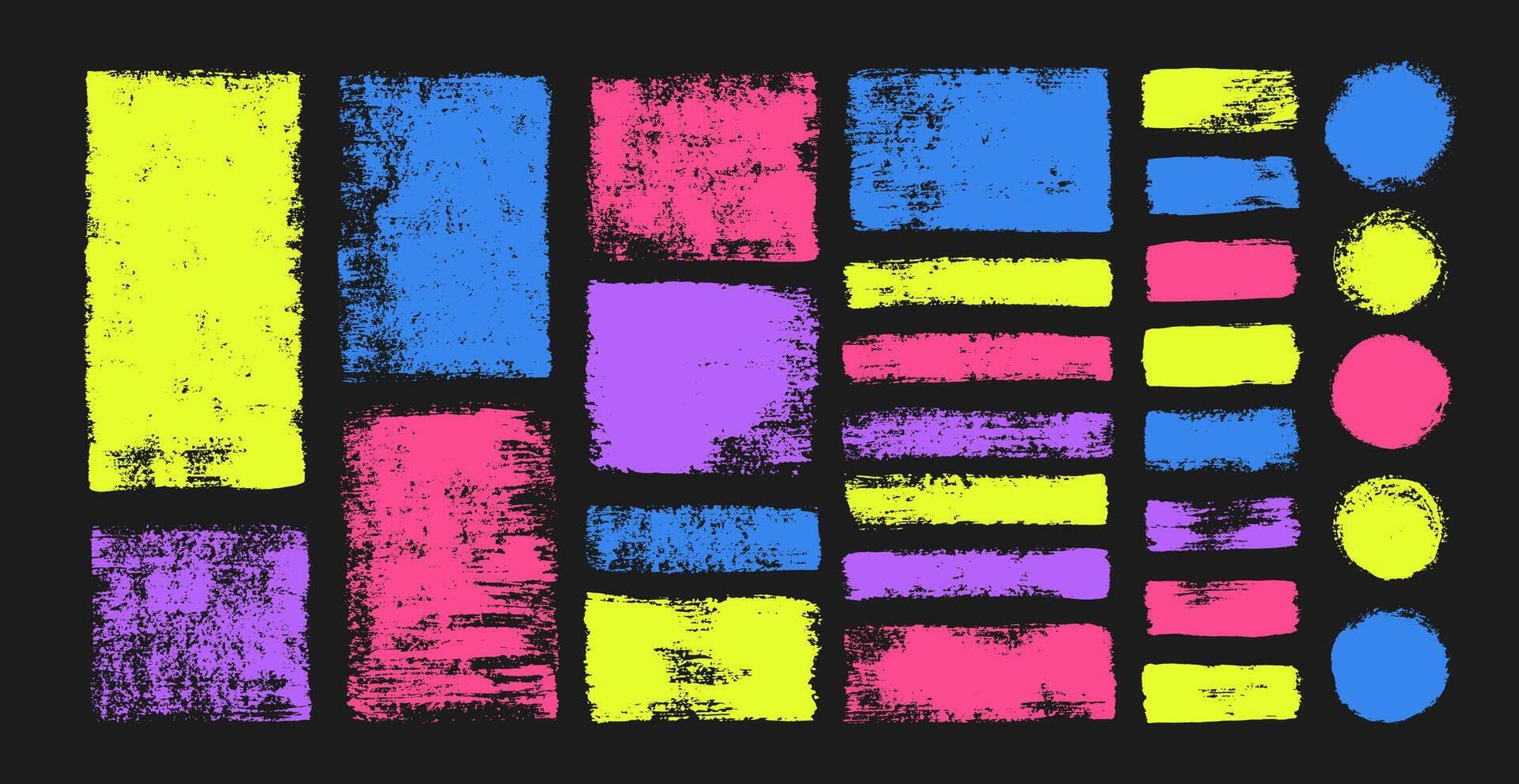 Text boxes, frames and round brush strokes with grungy organic textures. Rough circle and rectangle painted by crayon. Color illustration on a blackboard. vector