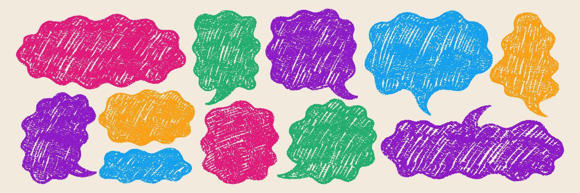 Doodle speech bubbles drawn in a sketch style with organic texture. Cute text boxes with chalk and crayon texture for a chat or dialog. Color illustration in retro style. vector