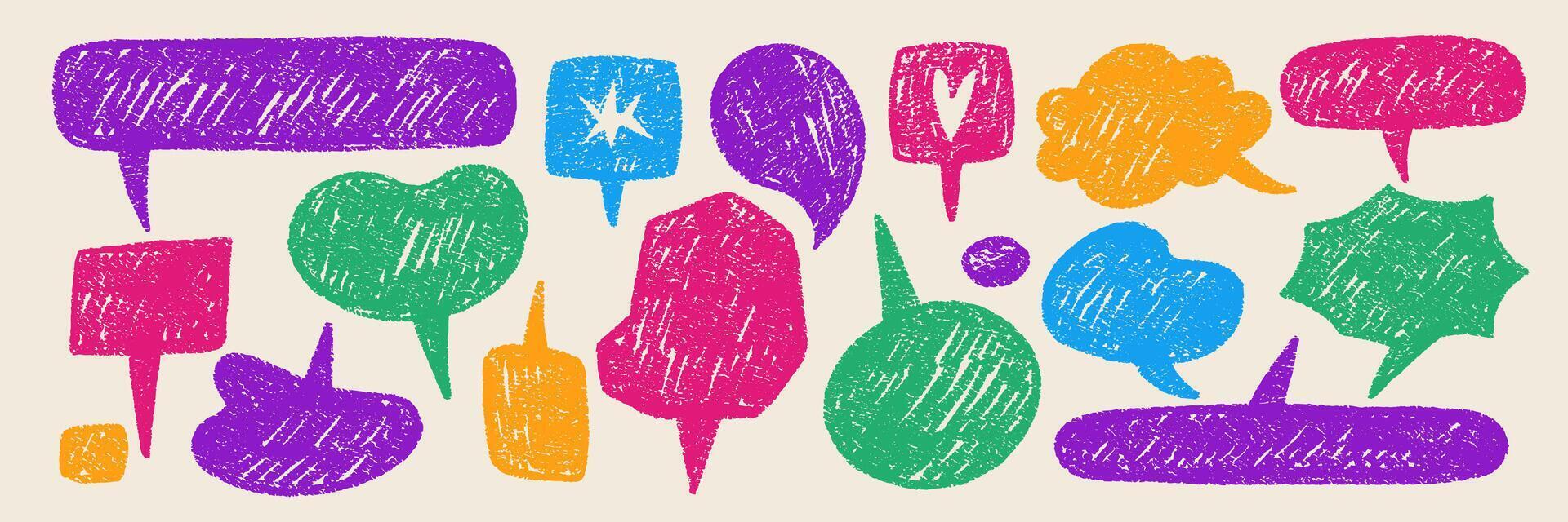 Set of speech bubbles drawn with chalk and crayon. Text boxes for conversation or dialog in retro style. Color illustration . vector