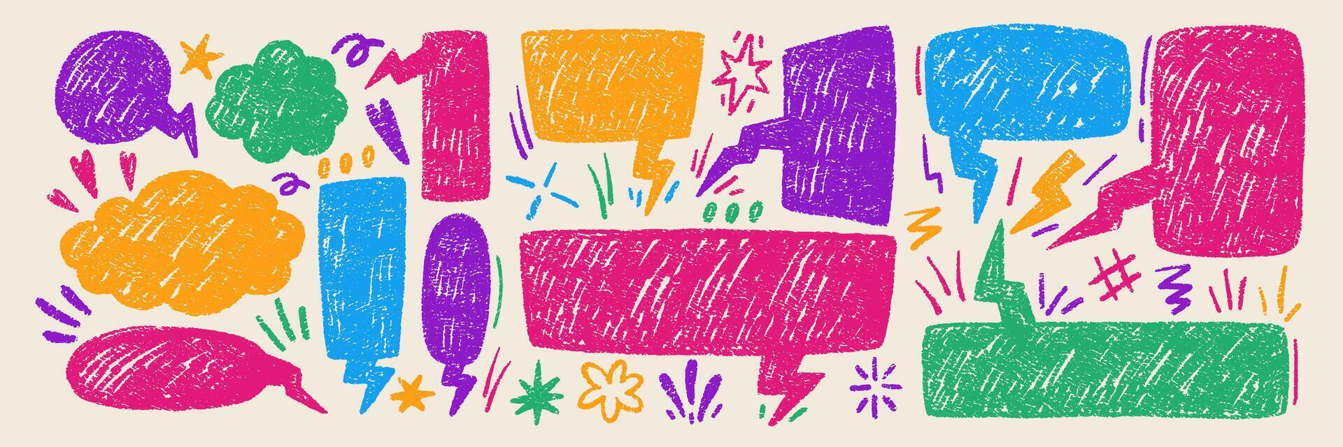 Set of speech bubbles, hearts and stars illustrated with chalk and crayon. Color text boxes for fun conversation in retro style. vector