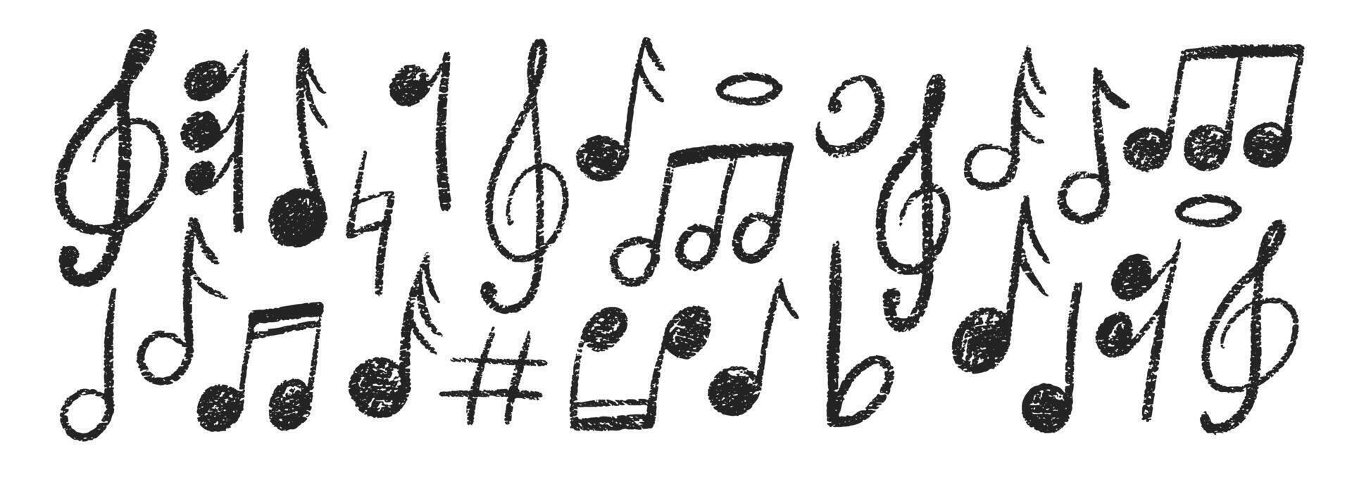 Set of hand drawn music notes with crayon, pastel or chalk texture. Cute doodle elements for kids or decorations. illustration. vector