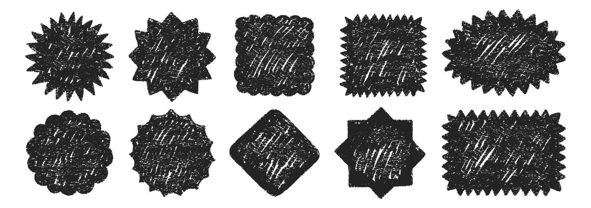 Set of labels or different geometric shapes with zigzag edge and crayon chalk or pastel texture. Circle, rhomb, oval and rectangle. Black illustration on a white background. vector