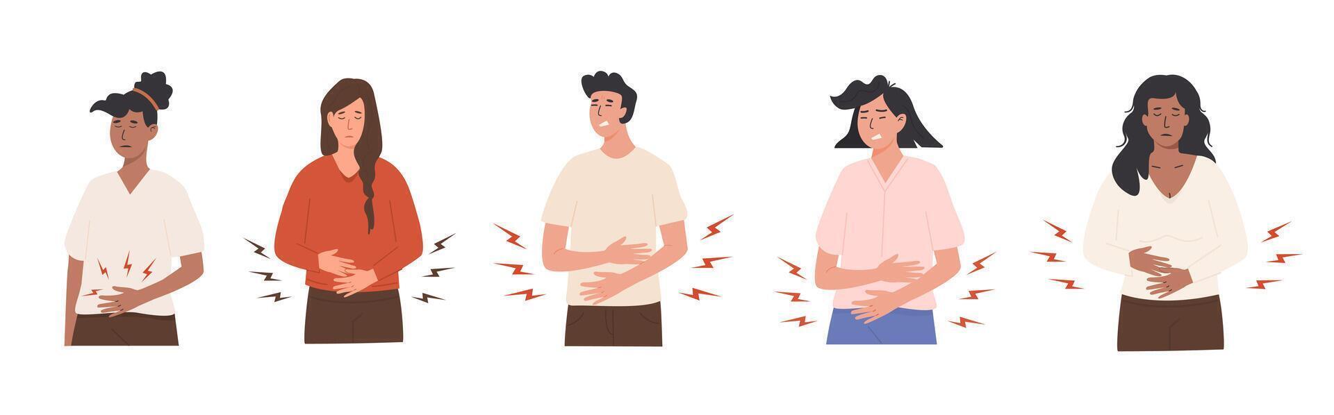 Set of people suffering from stomach ache and holding hands on belly. Young male and female with abdominal pain. Cramps, stomachache, problem with digestion, tummy discomfort. illustration. vector