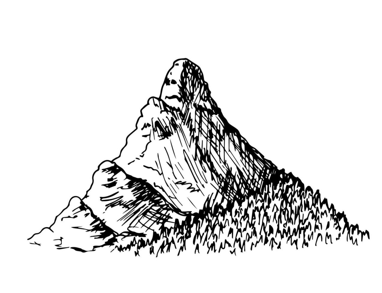 High mountain, rock covered with forest, wild nature. Tourism, travel. Hand-drawn drawing in engraving style. For prints, postcards, labels. vector