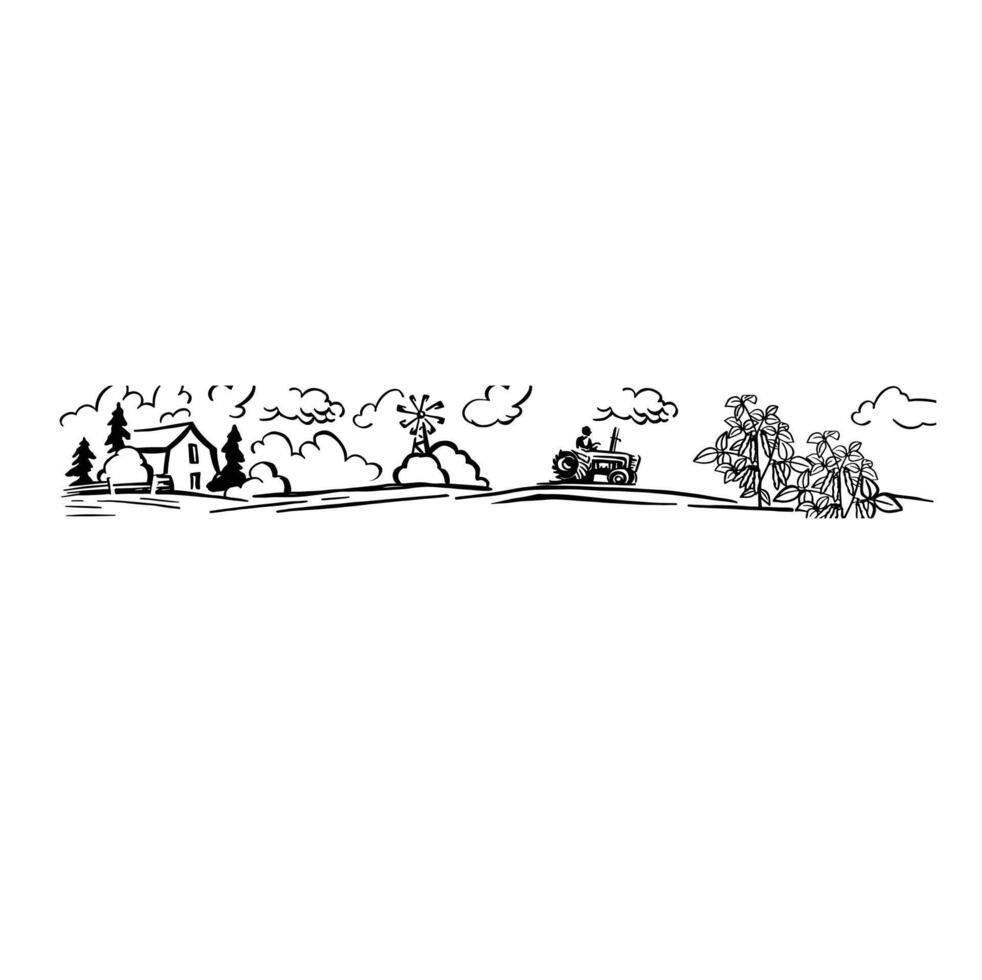 border tractor farm plowing black and white illustration hand made vector