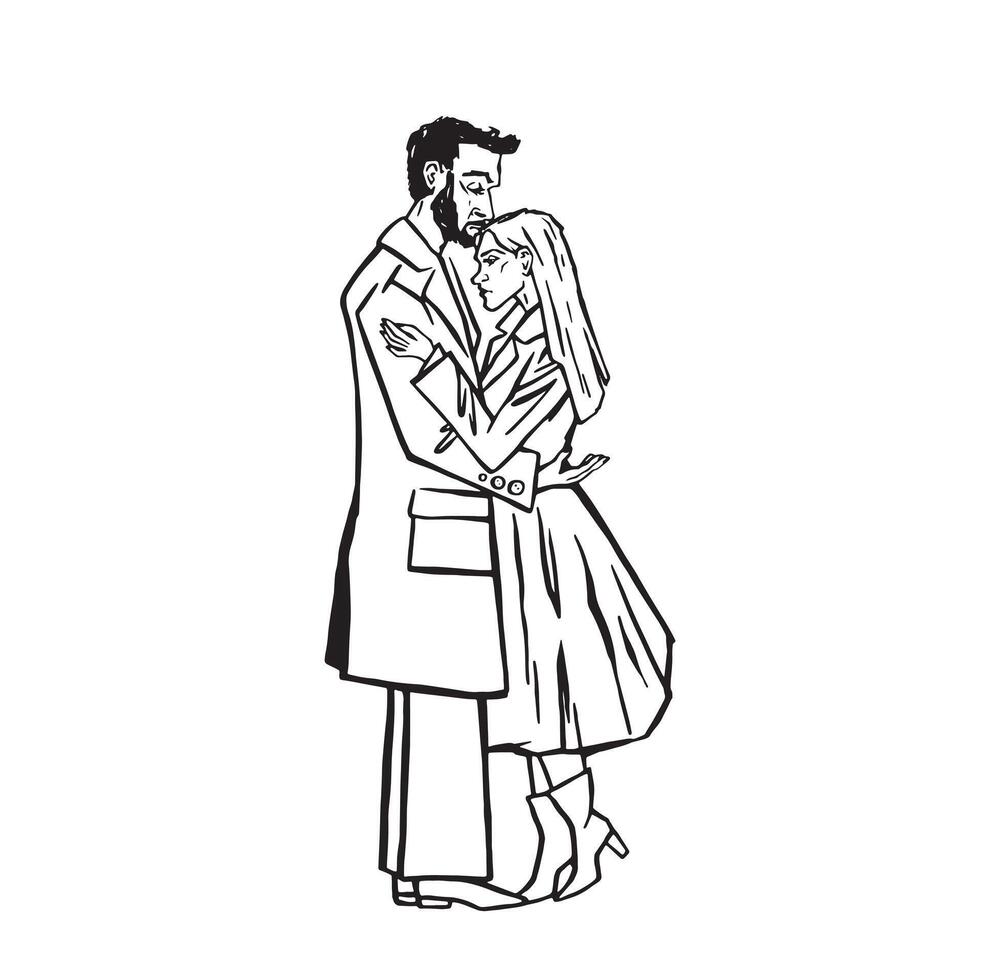 Lovers hugging outline monochrome illustration hand made vector