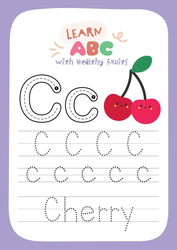 Alphabet tracing activity for preschool and kindergarten with a cute fruit theme to help kids learn letters and healthy eating in a fun and engaging way vector
