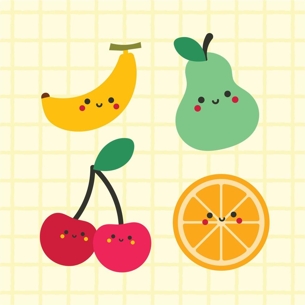 Set of cute kawaii vegetable illustrations with smiling faces in bright colors perfect for kids learning stickers educational content and fun food themed design projects vector