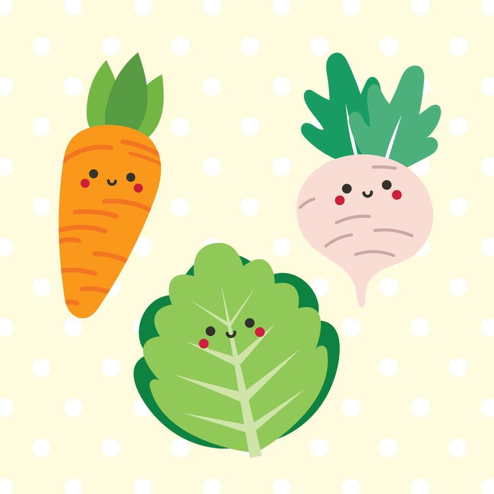 Brightly colored kawaii vegetable illustration collection with happy faces ideal for kids learning designs educational stickers and creative food inspired materials vector