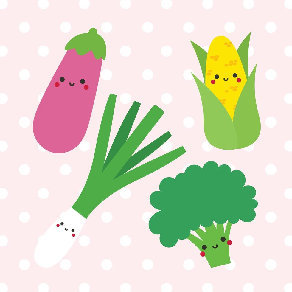 Kawaii vegetable set with smiling faces in bright colors for kids stickers and educational designs vector