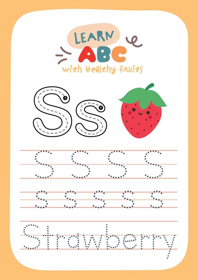 Printable worksheet with cute kawaii fruit theme for kids to trace alphabet letters while learning about healthy fruits fun activity for preschool and kindergarten education. vector