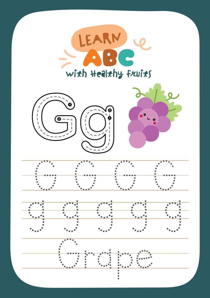 Educational fruit themed worksheet for kids featuring kawaii design and alphabet tracing for fun and healthy learning in preschool and kindergarten classrooms vector