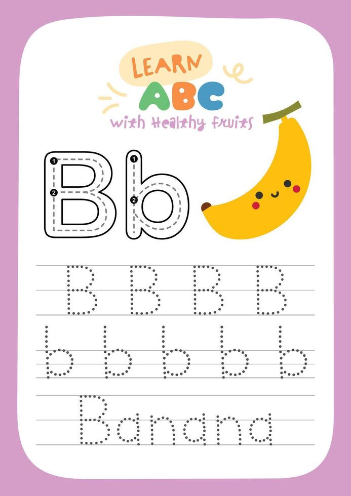 Printable worksheet with cute kawaii fruit theme designed for kids to trace alphabet letters and learn about healthy fruits as a fun activity for preschool and kindergarten education vector