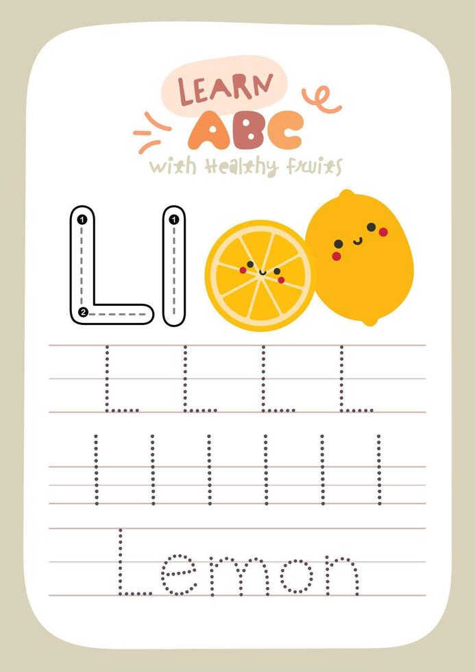 Printable tracing worksheet with cute fruit illustrations for kids to practice alphabet letters and explore healthy fruits perfect for preschool and kindergarten learning vector