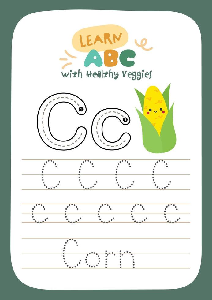 Printable vegetable tracing worksheet to help preschool and kindergarten kids practice writing while identifying healthy vegetables in a fun activity vector