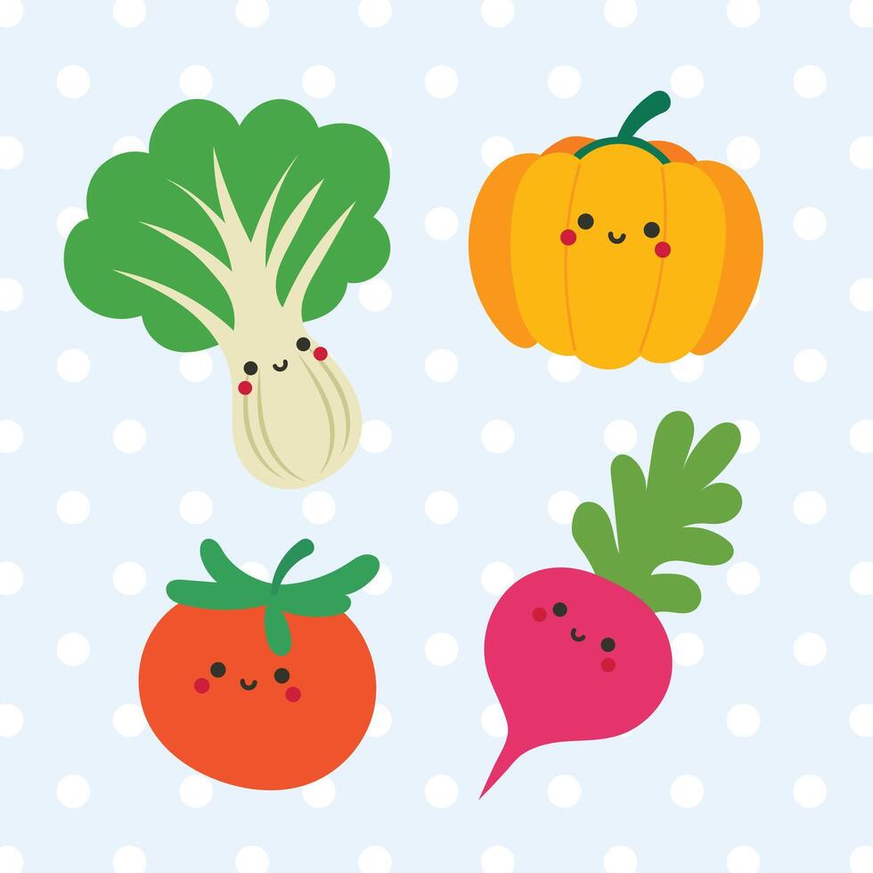Cute veggie illustrations in kawaii style perfect for kids learning tools and fun food themed content vector