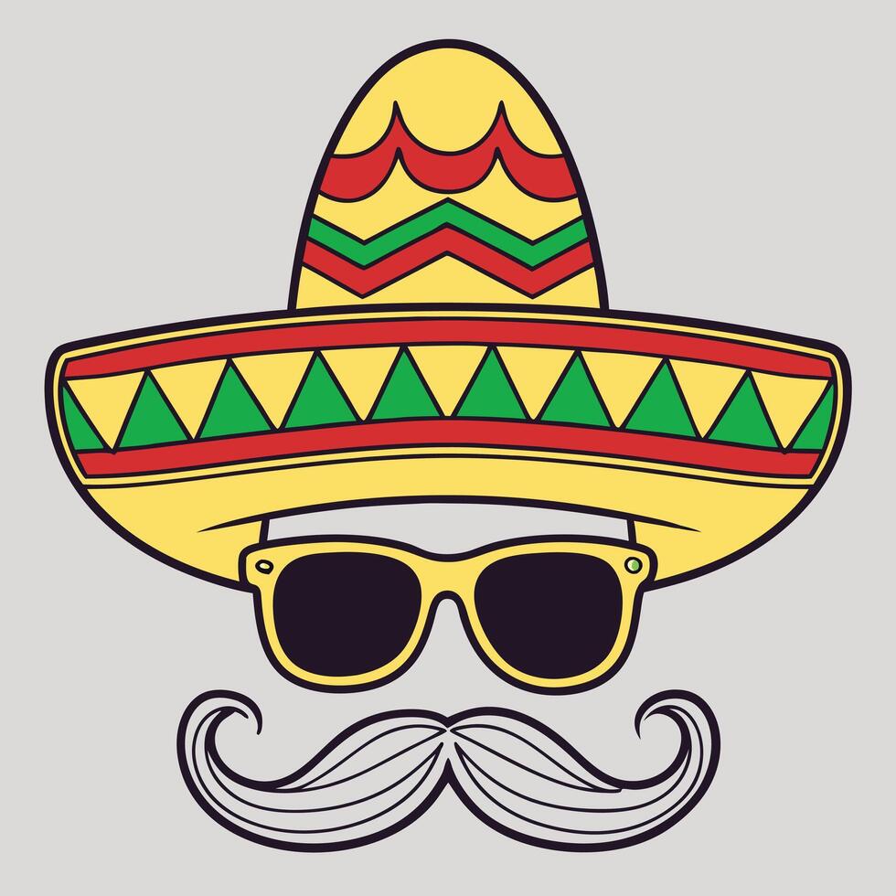 Mexican sombrero with mustache and sunglasses cartoon illustration vector
