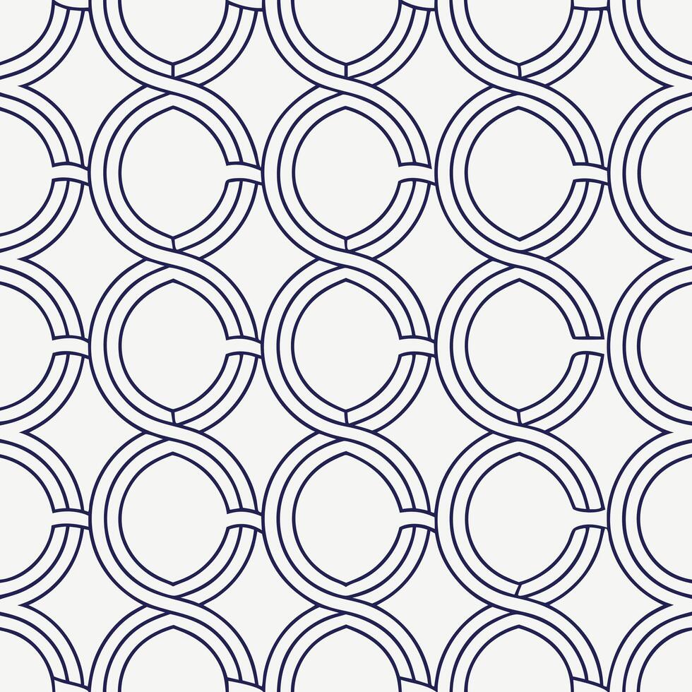 Seamless geometric pattern with interlocking circles and lines in dark blue vector