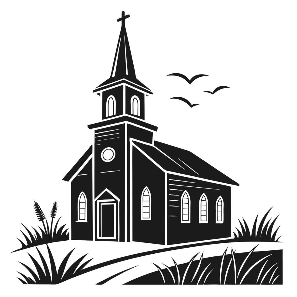 Rustic church silhouette with cross,birds,and grassy landscape vector