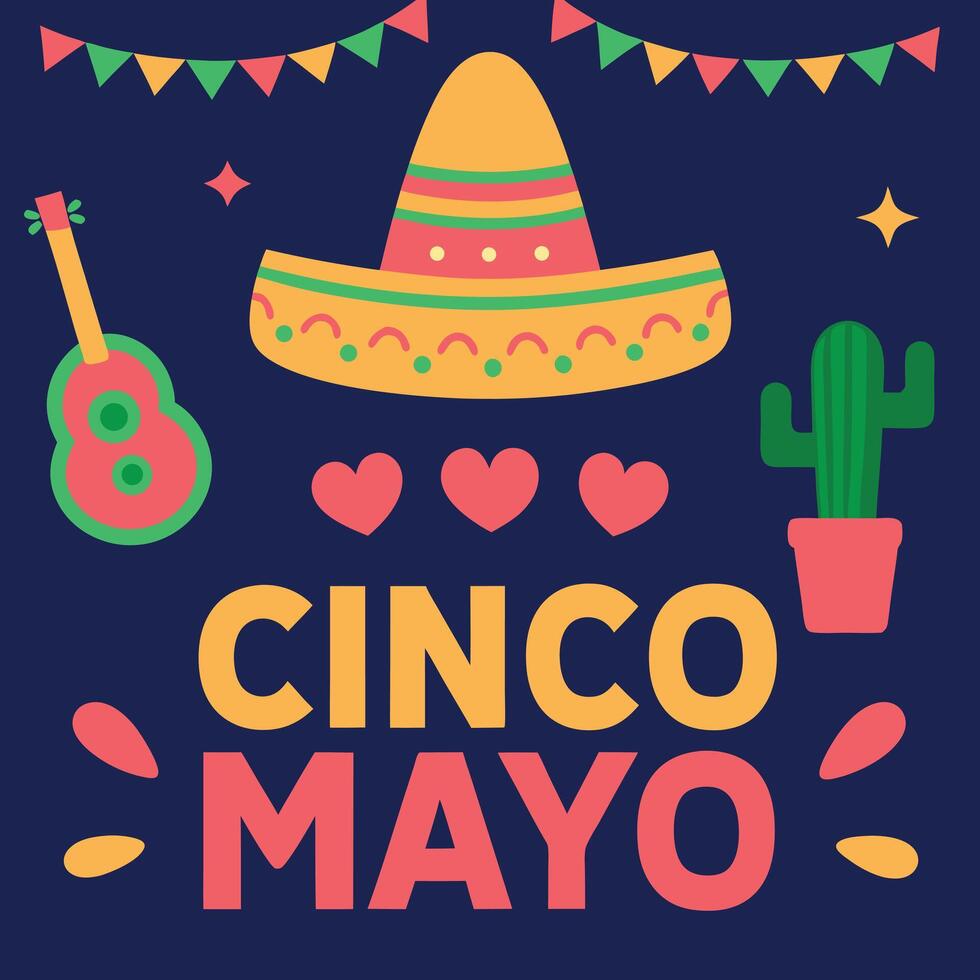 Colorful cinco de mayo celebration with sombrero guitar and cactus vector