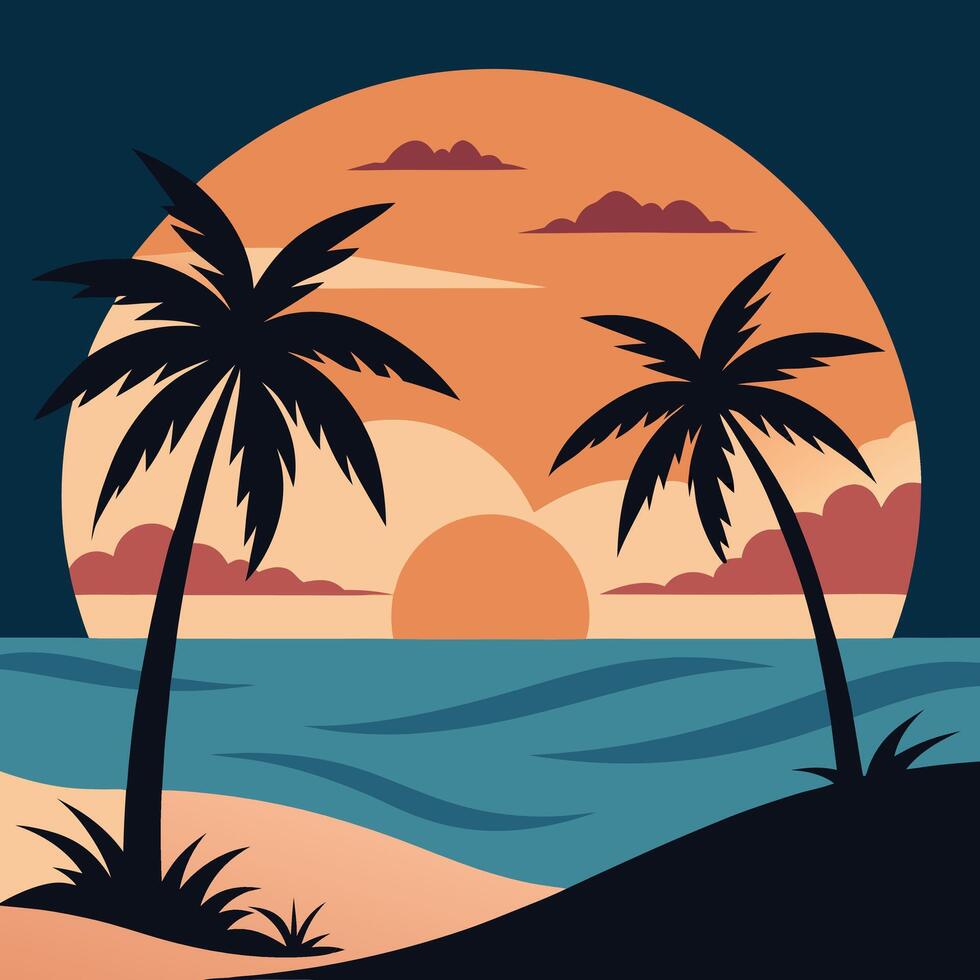 Tropical beach sunset with palm trees illustration vector
