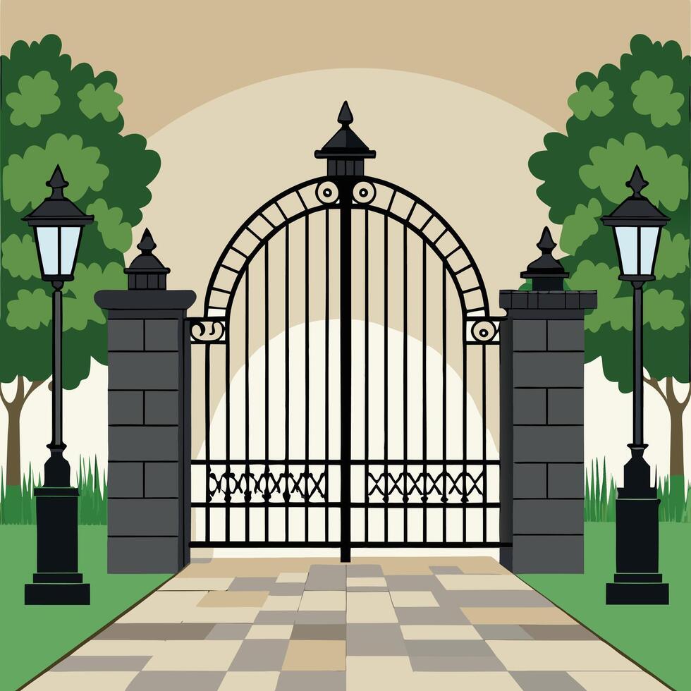 Ornate gate illustration with trees and lamp posts vector