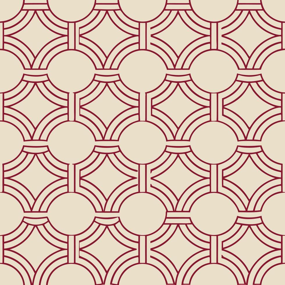 Repeating geometric pattern of circles and arches in burgundy and beige vector