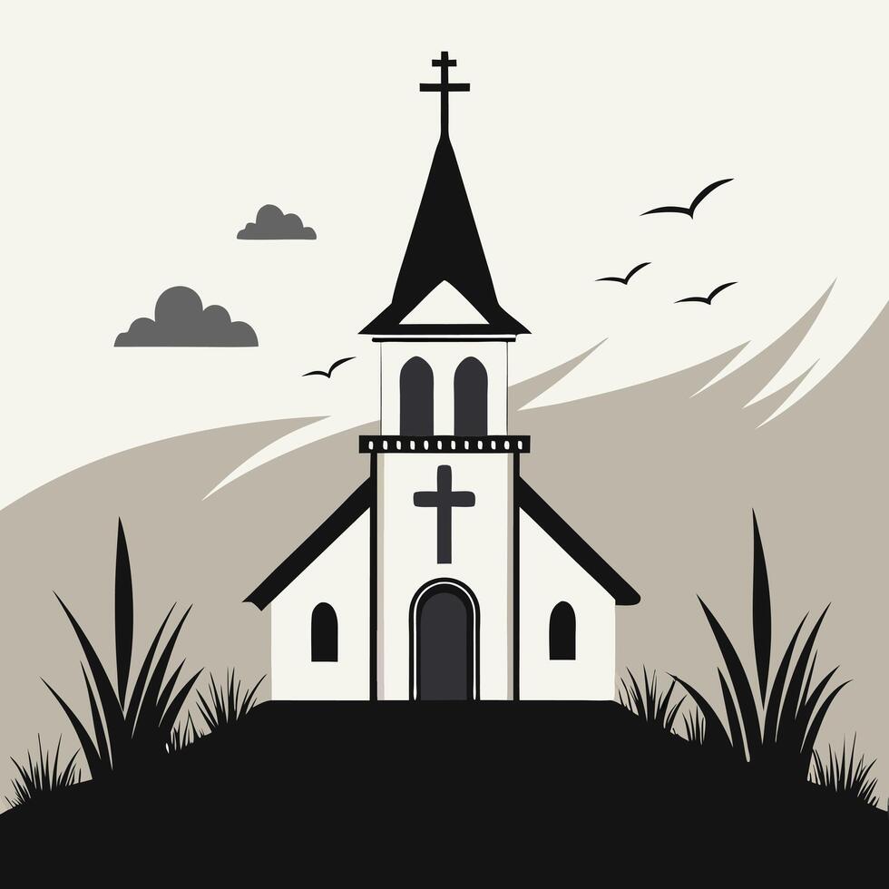 Minimalist church illustration against a mountain landscape vector