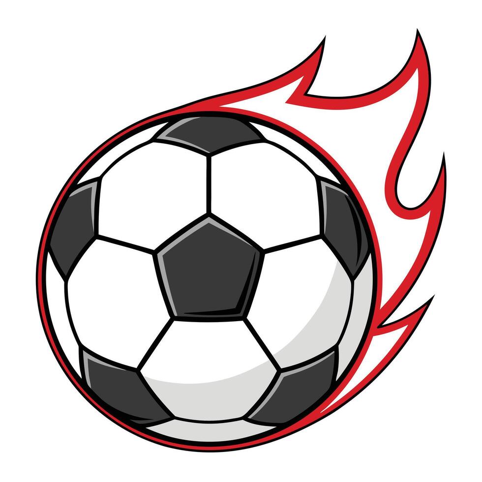 Cartoon soccer ball illustration with red flames on white background vector