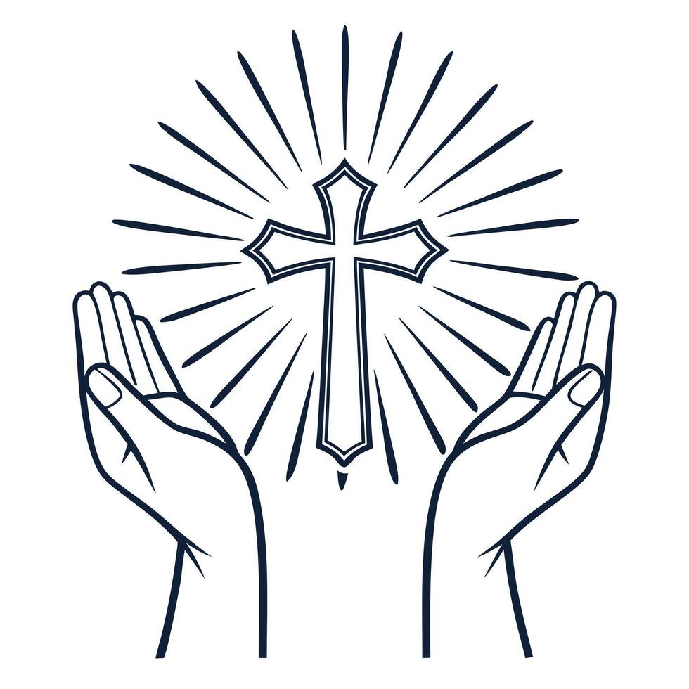 Hands holding christian cross with light rays illustration vector