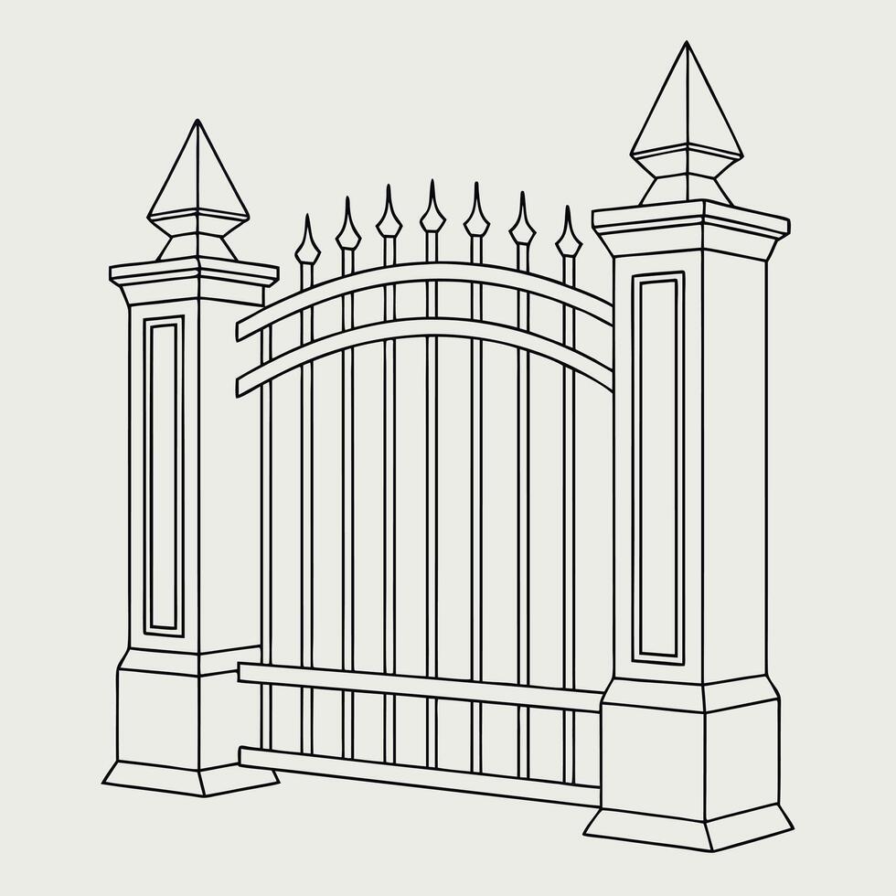 Black and white minimalist illustration of ornate gate vector