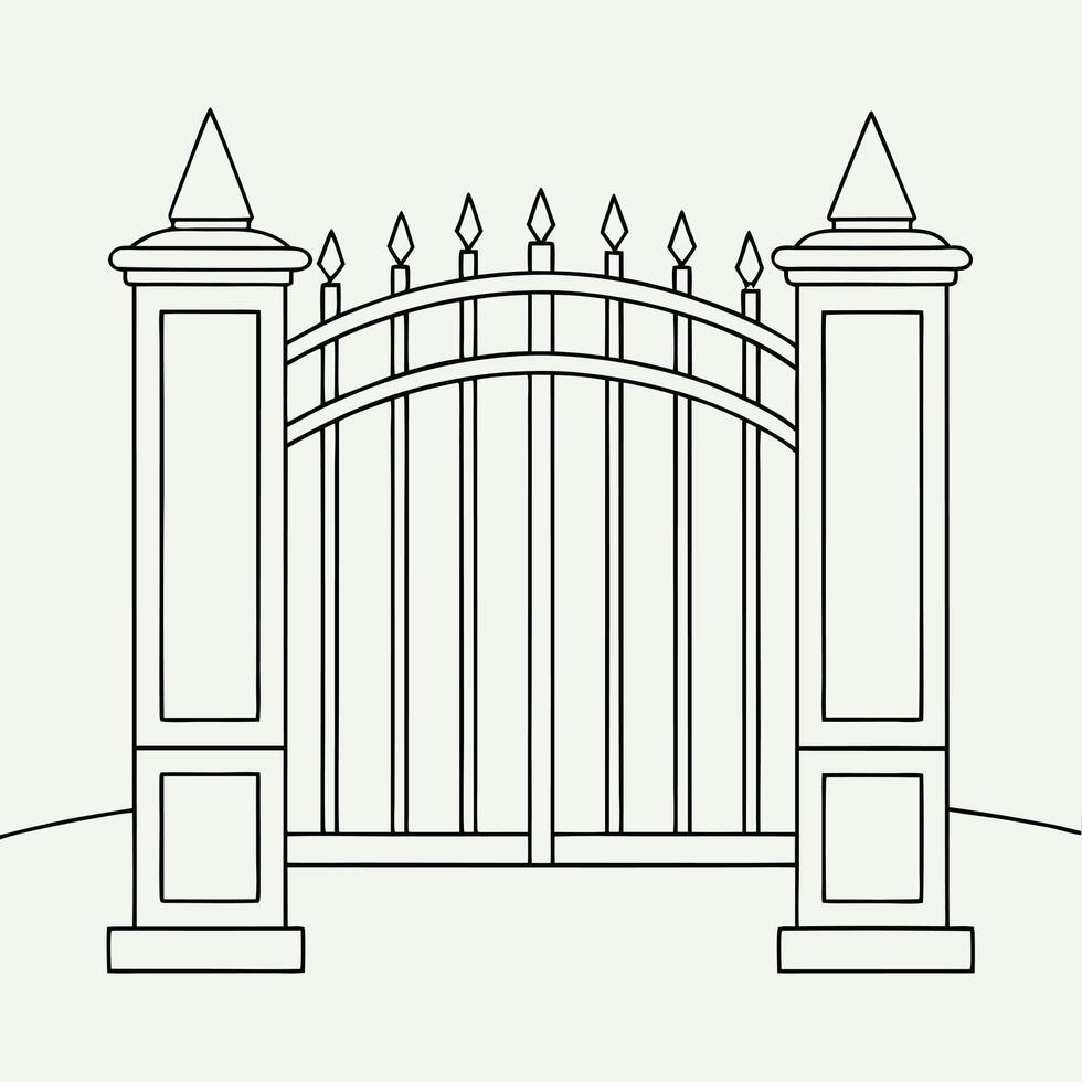 Simple black and white outline illustration of an ornate metal gate vector