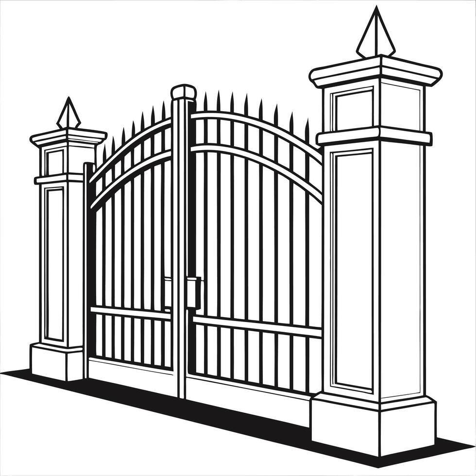 Ornate iron gate with pillars black and white illustration vector