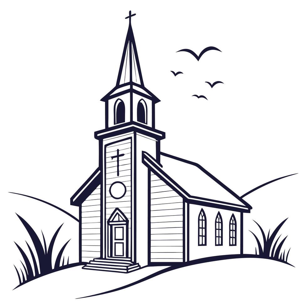 Simple country church with birds graphic illustration vector