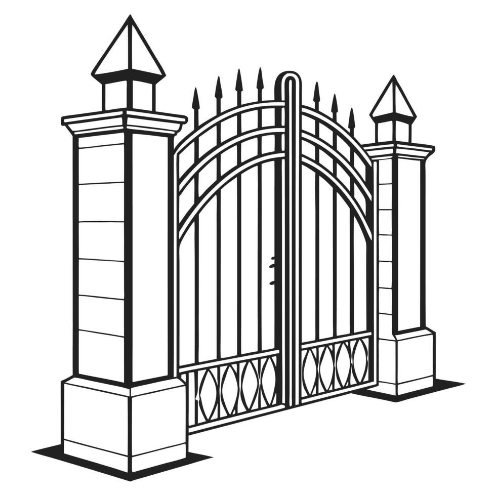 Black and white illustration of a wrought iron gate vector