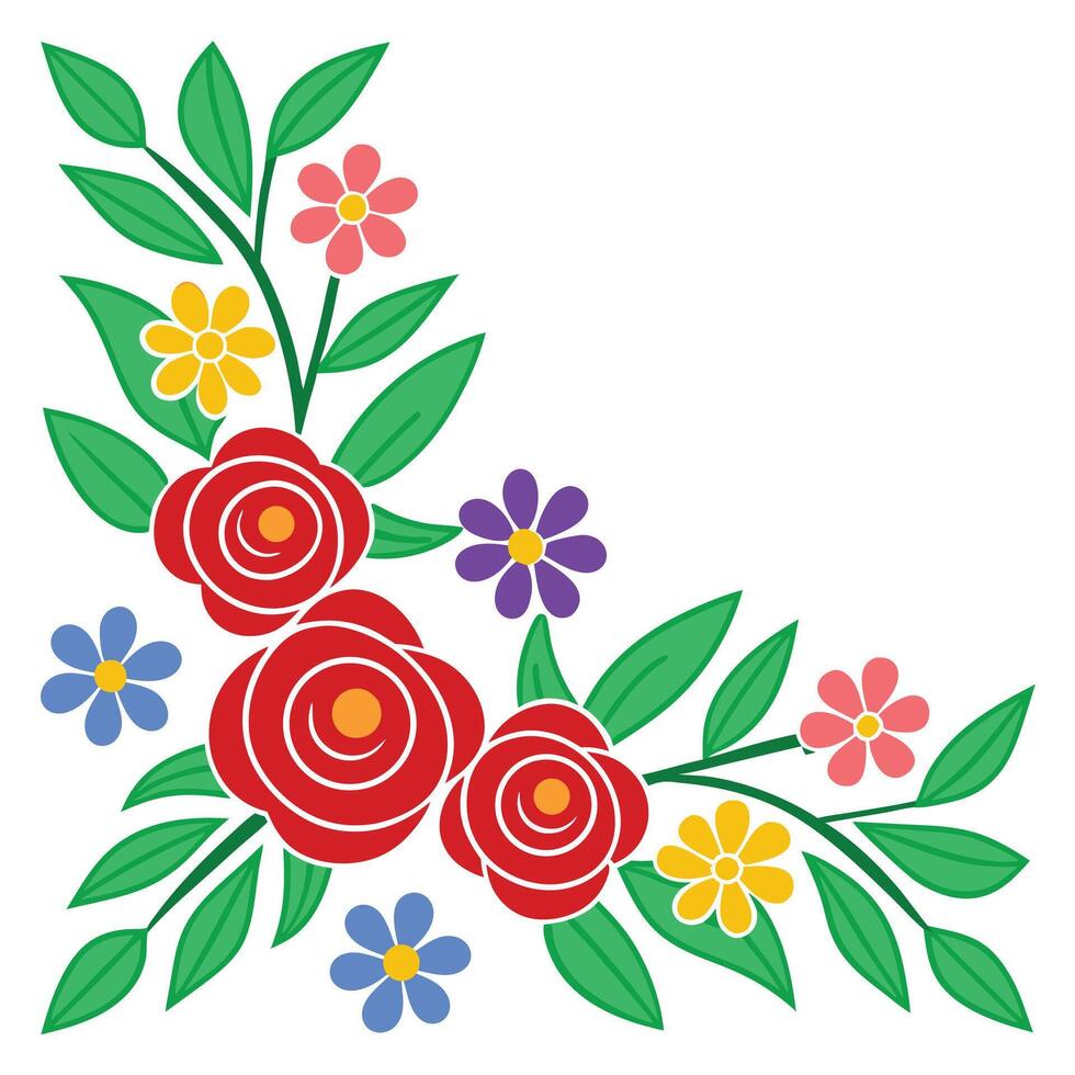 Colorful floral corner element featuring roses and daisy flowers. vector