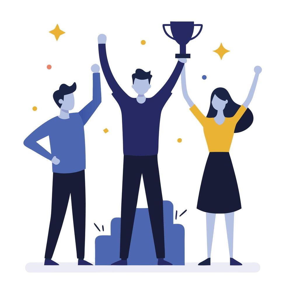 Celebrating team achievement victory people holding trophy on podium vector