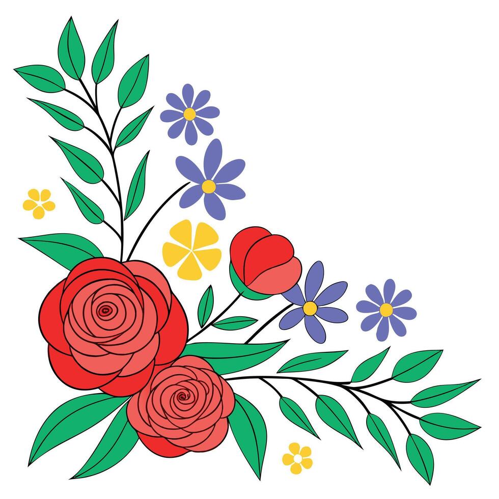 Floral corner decoration illustration with roses and blue flowers vector