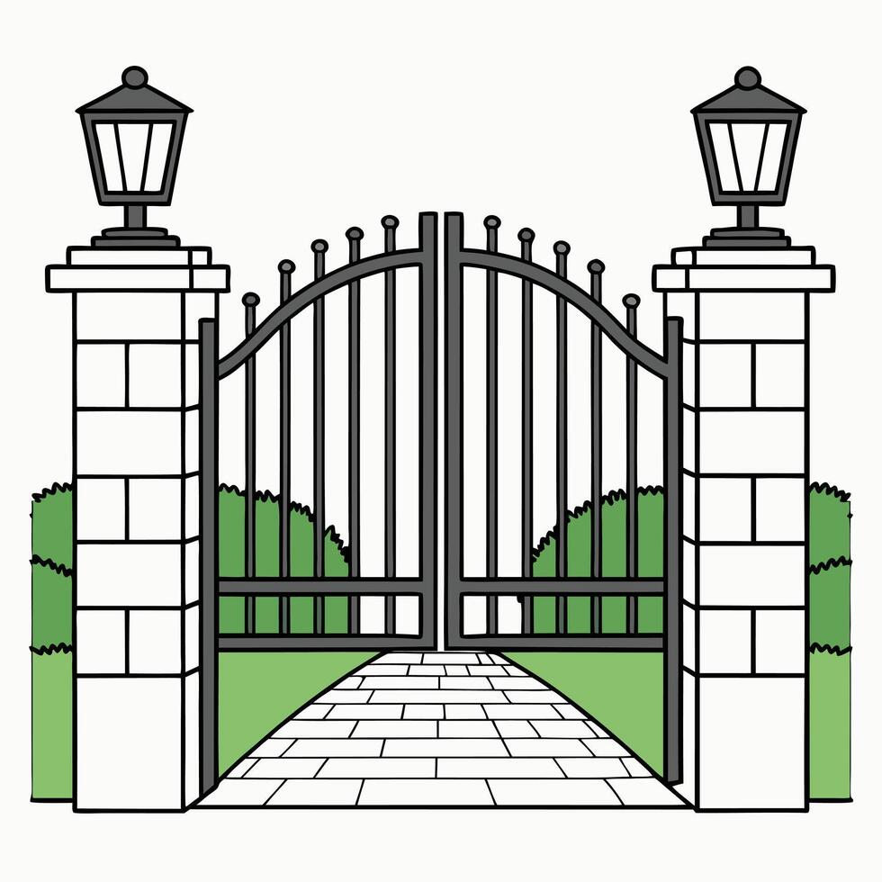 Cartoon iron gate with brick pillars and garden lights vector